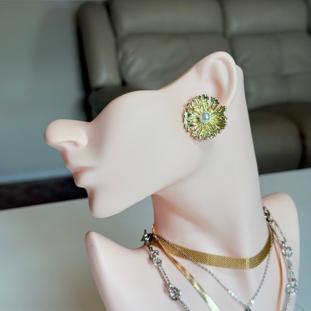 Gold Floral Earrings with Pearl Accent - Women Jewelry